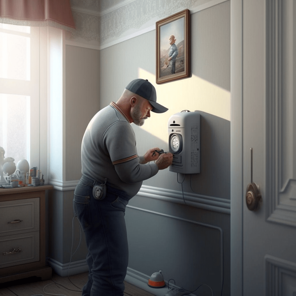 Un personnage masculin avec une barbe grise, une casquette bleu, dans une pièce en train de d'installer une alarme anti-intrusion