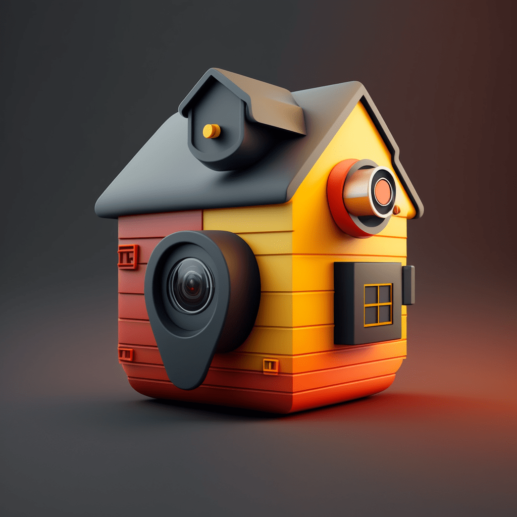 Image ronde d'une maison en 3d orange et rouge avec un objectif de caméra sur le côté et un fond noir